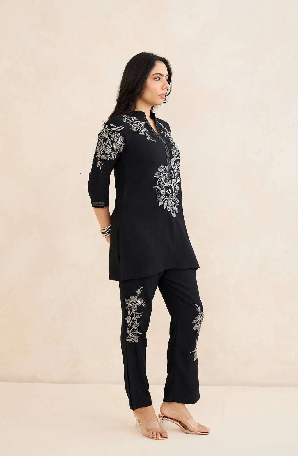 Black and Silver Floral Embellished Co-Ord Set