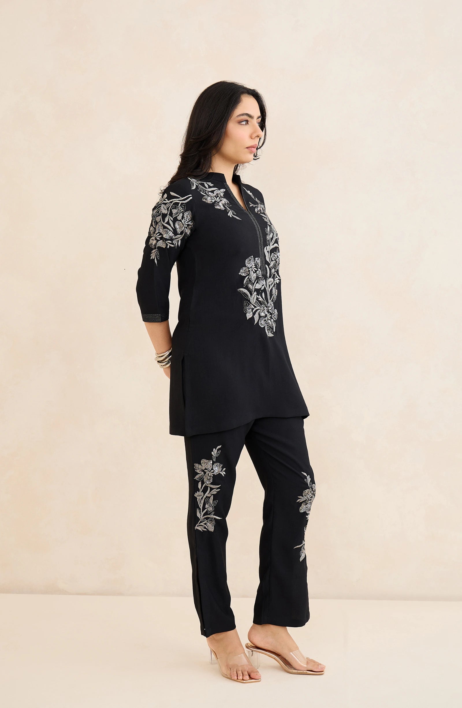 Black and Silver Floral Embellished Co-Ord Set