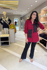 Red Embellished Floral Shirt