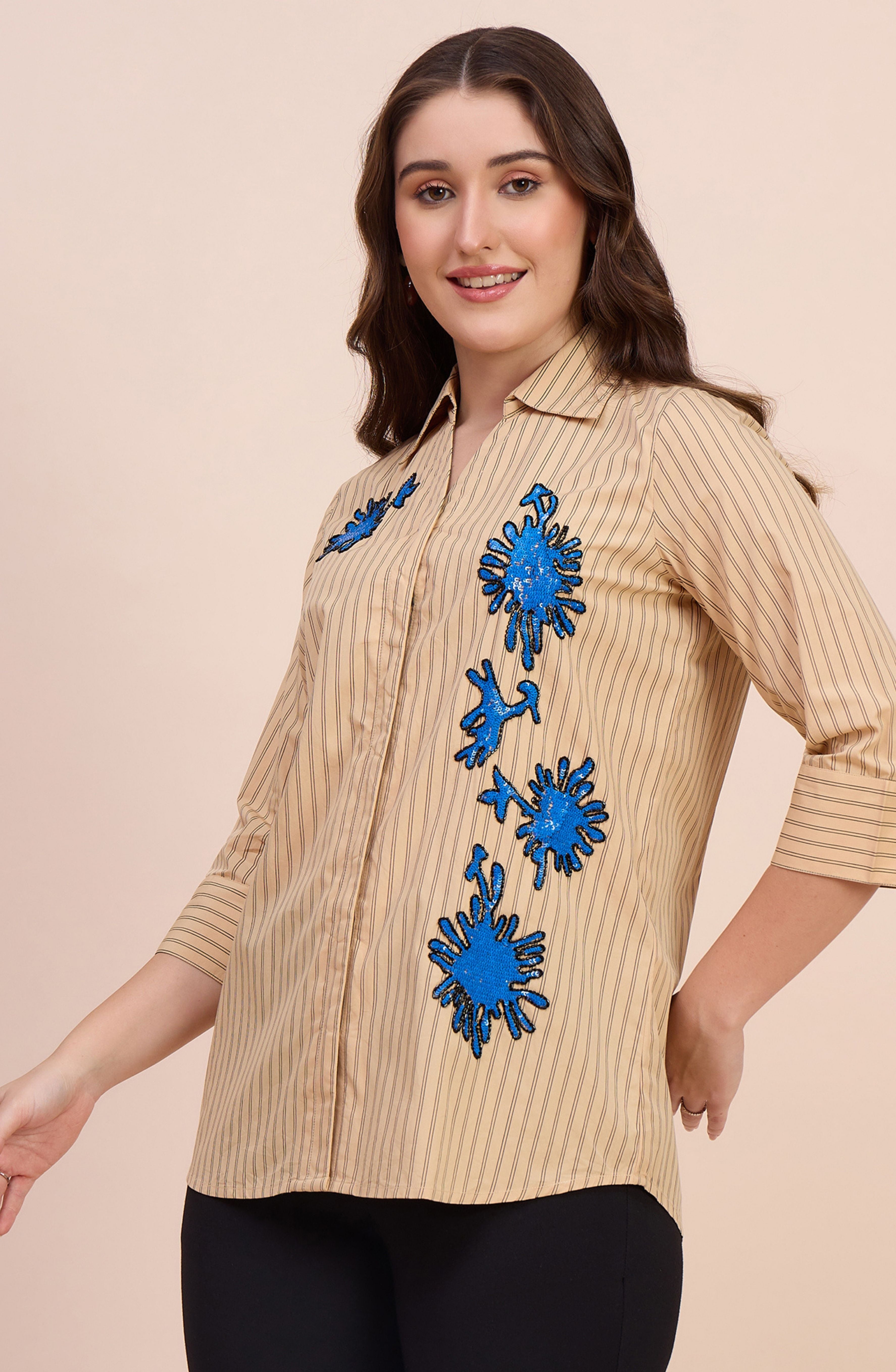 Yellow Striped Shirt with Blue Sequin Coral Motif