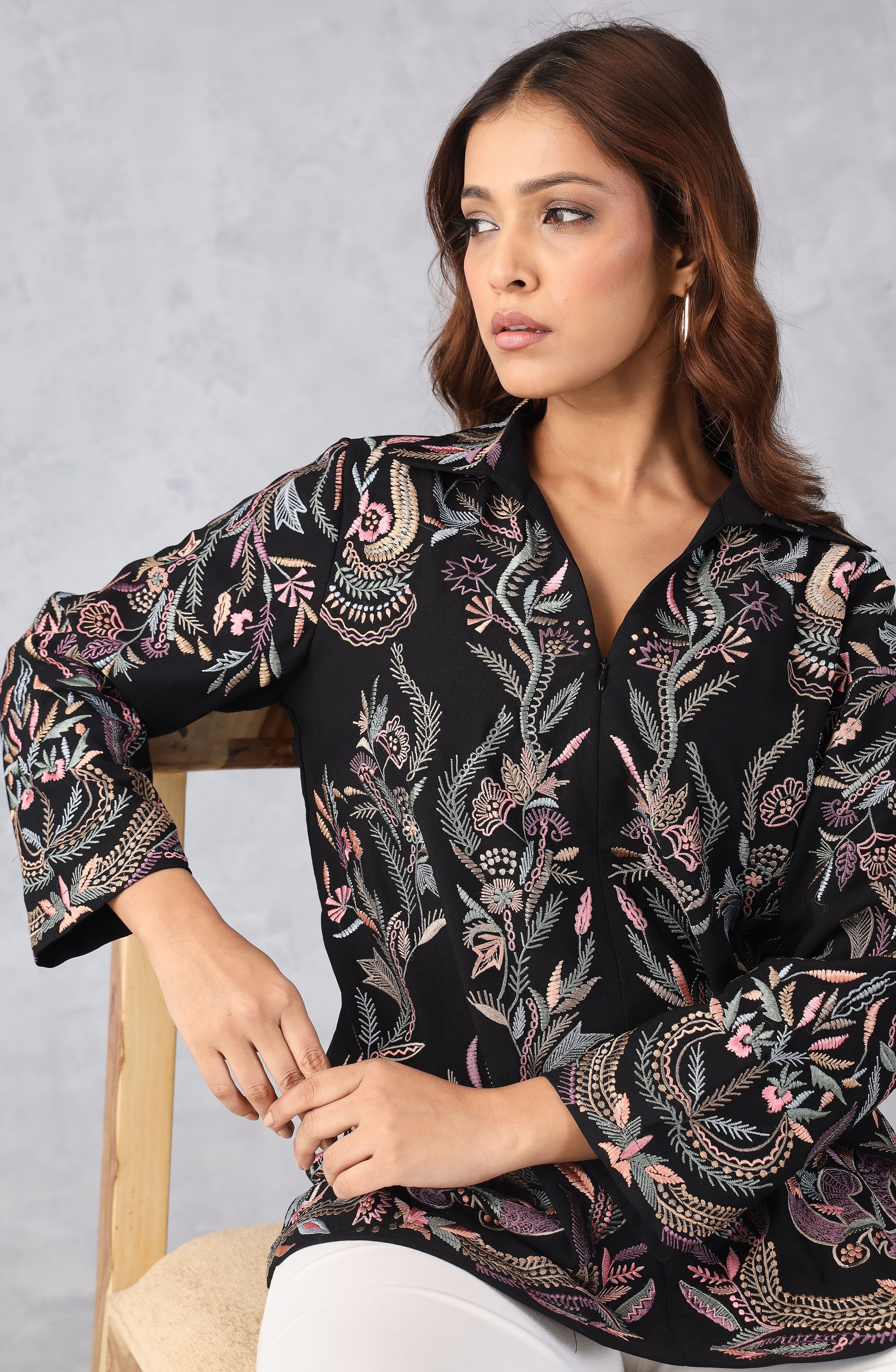 Black Multicolour Floral Embroidered Shirt