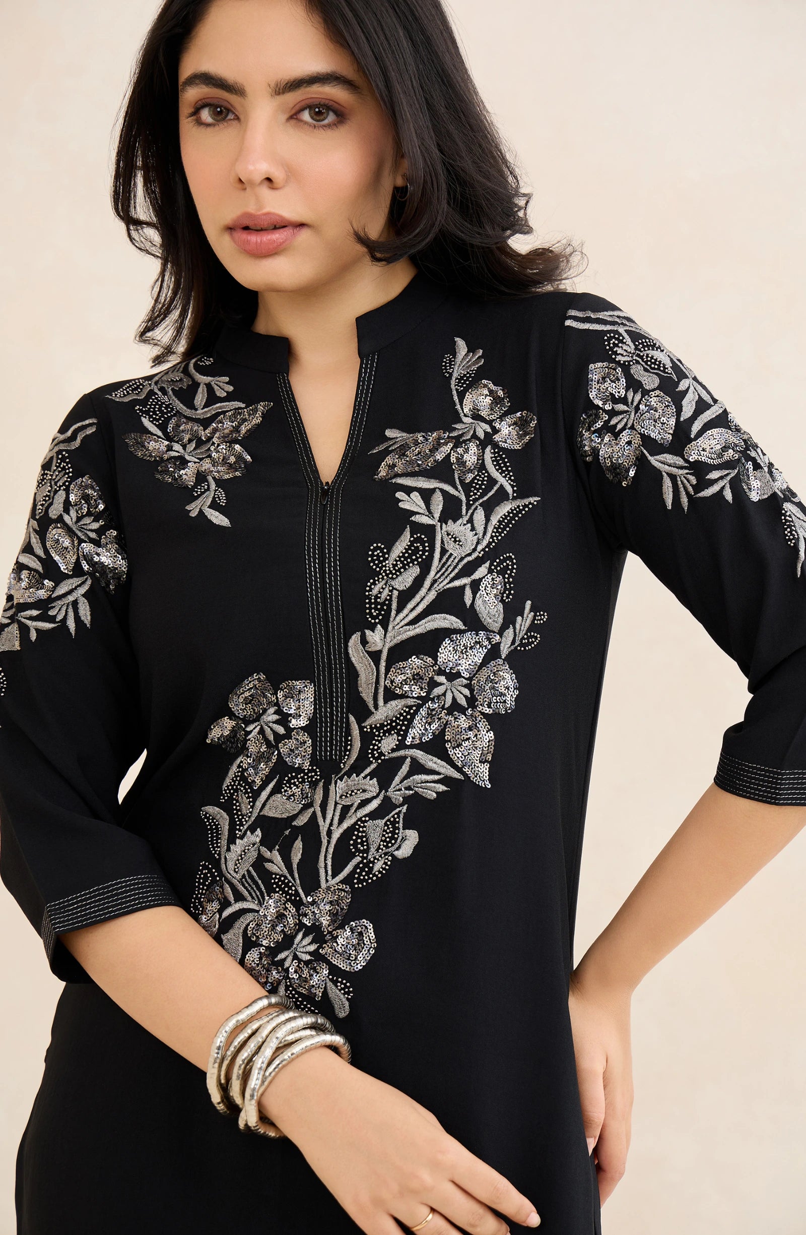 Black and Silver Floral Embellished Co-Ord Set