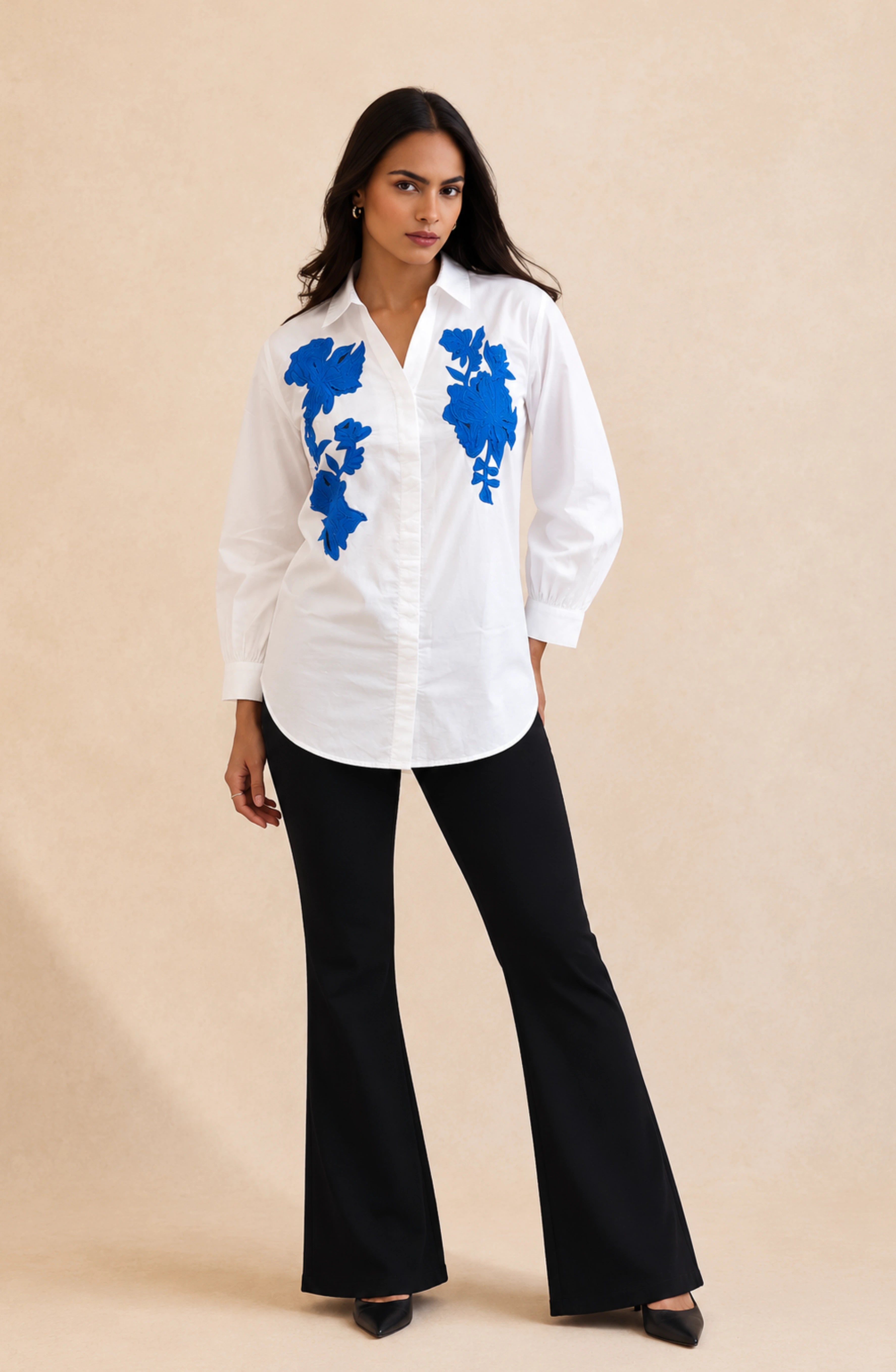White Cotton Blue Floral Patchwork Shirt