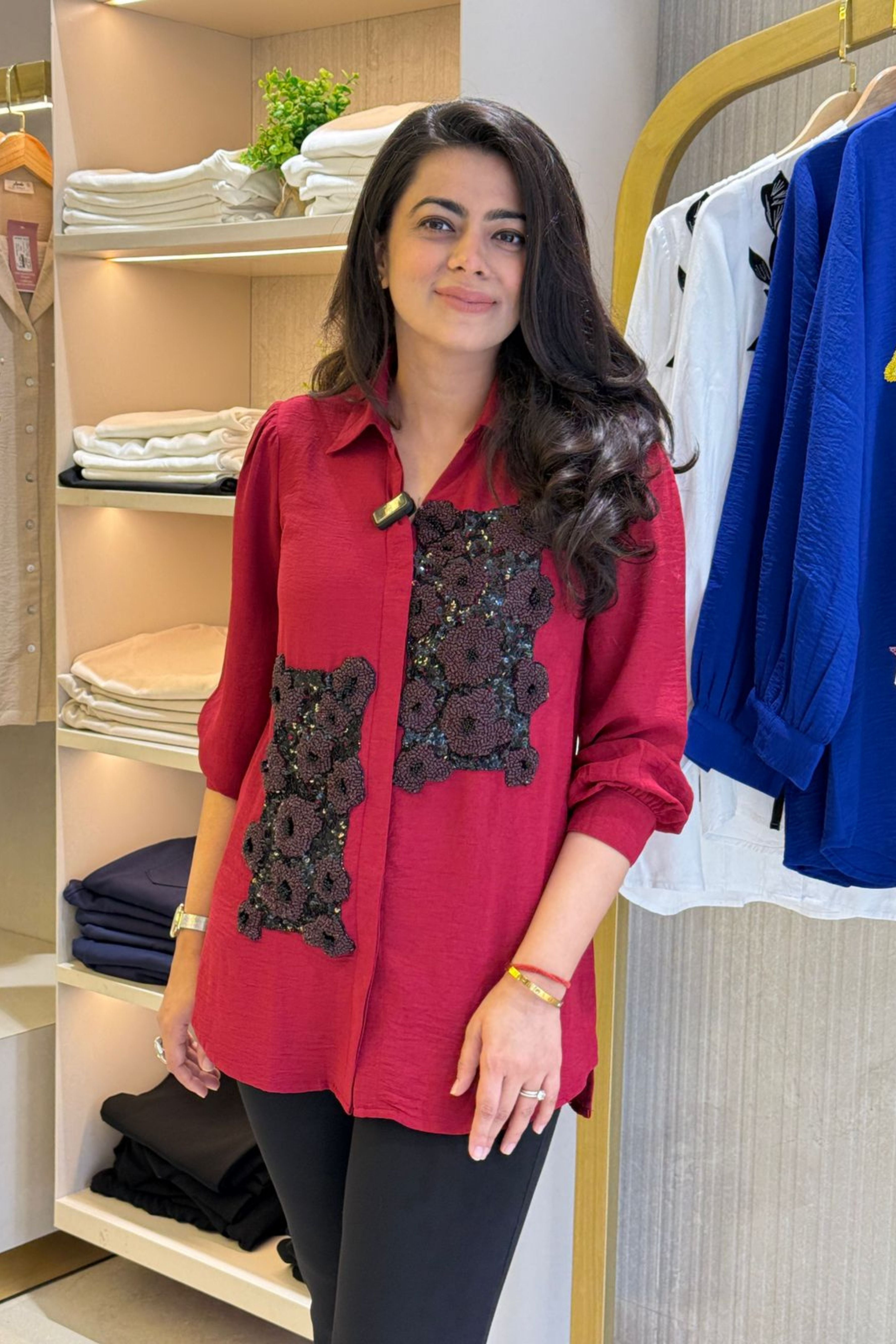 Red Embellished Floral Shirt