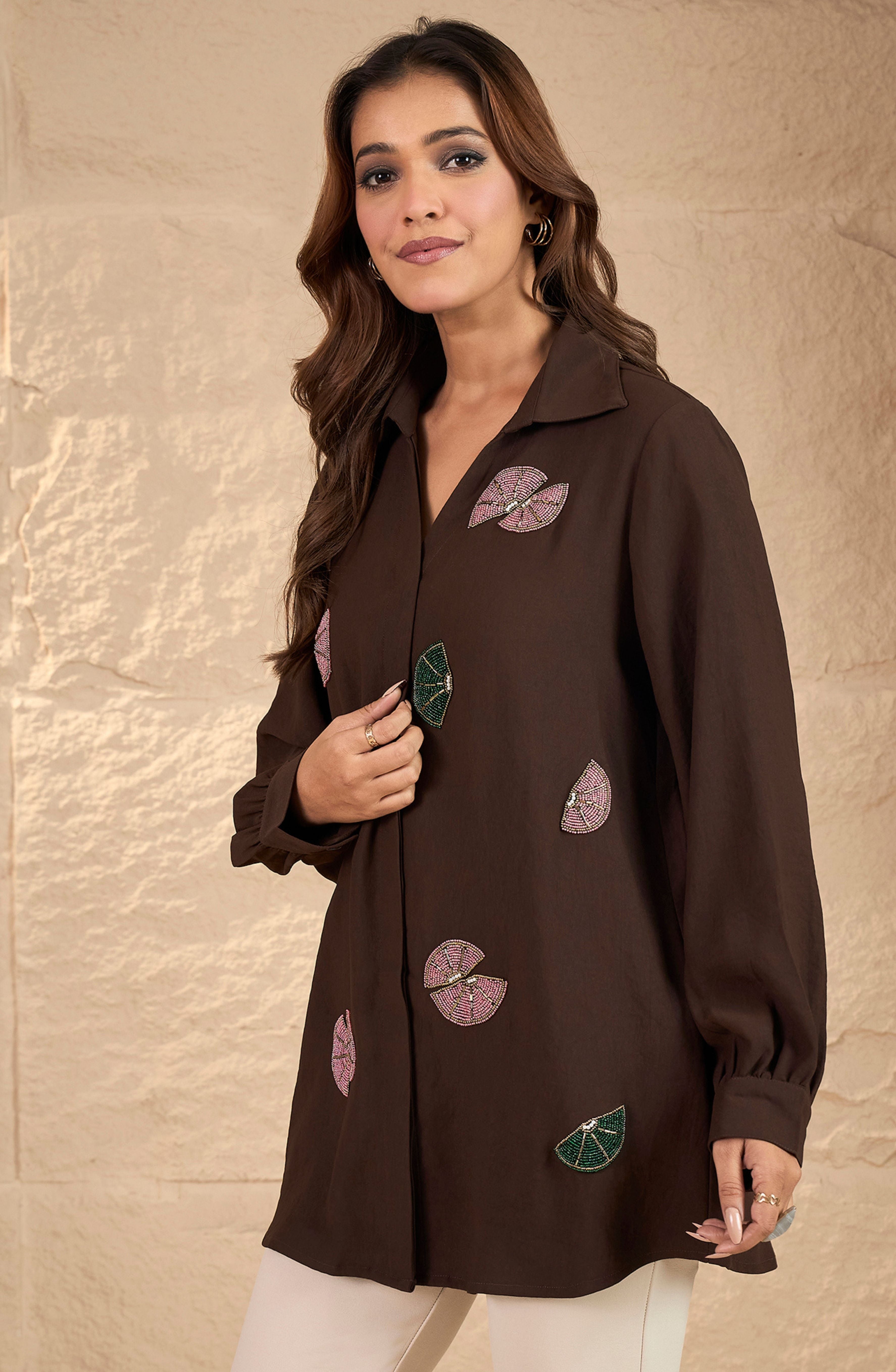 Brown Abstract Embellished Shirt