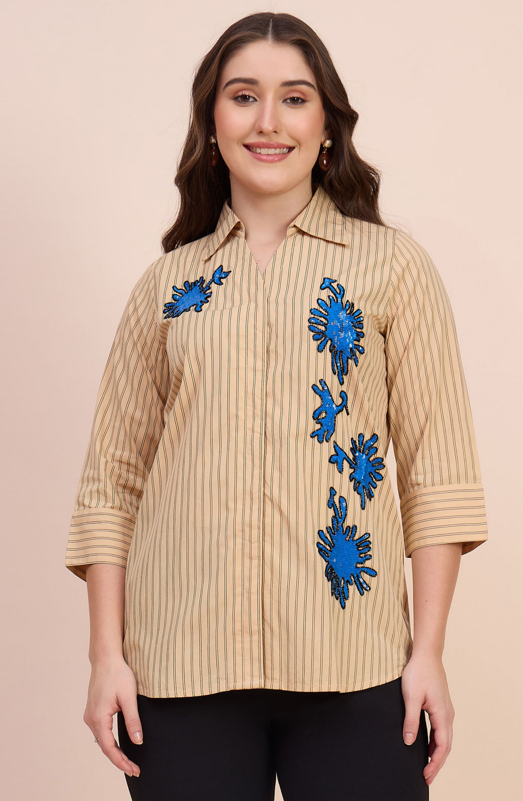 Yellow Striped Shirt with Blue Sequin Coral Motif