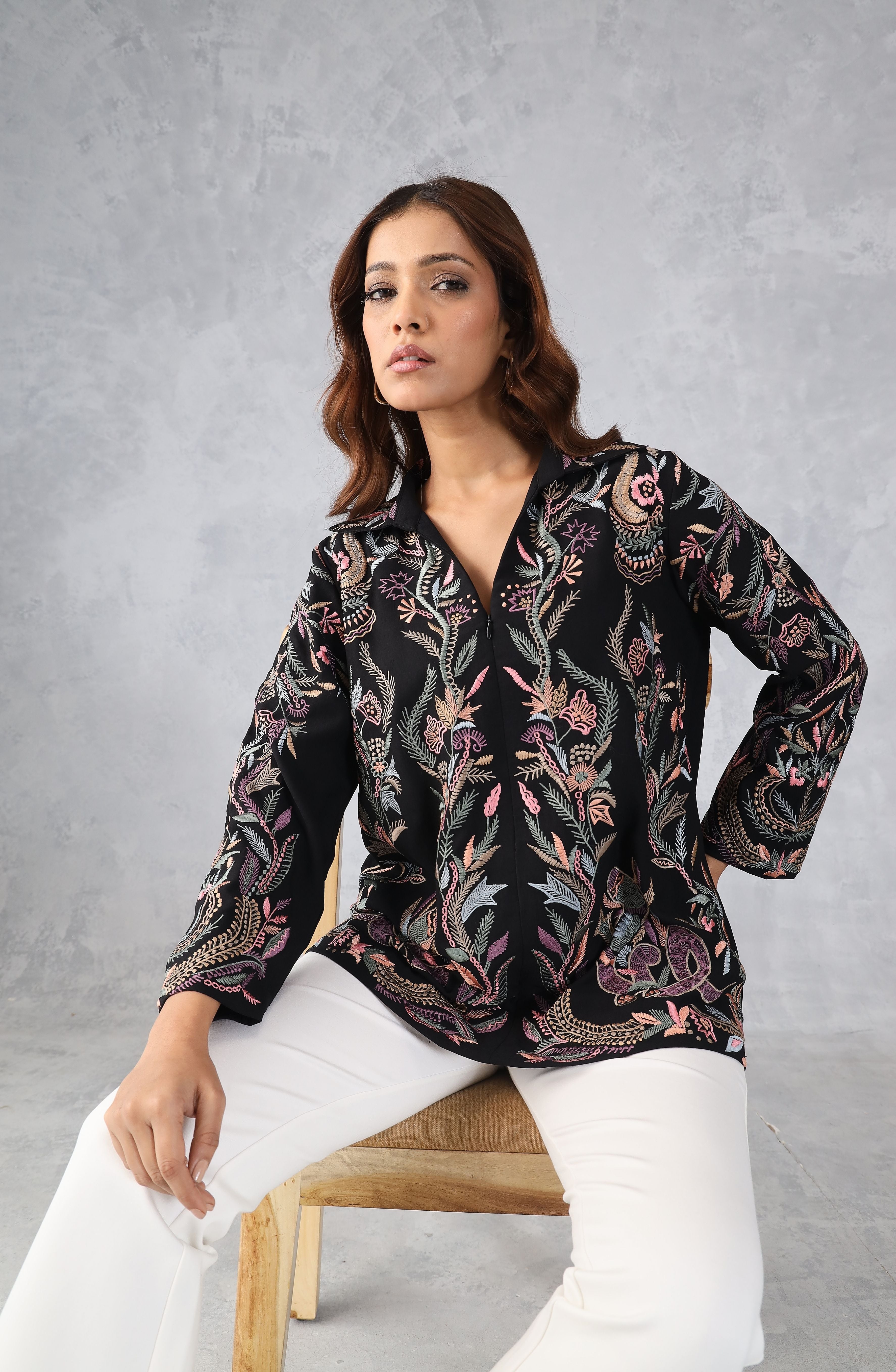 Black Multicolour Floral Embroidered Shirt