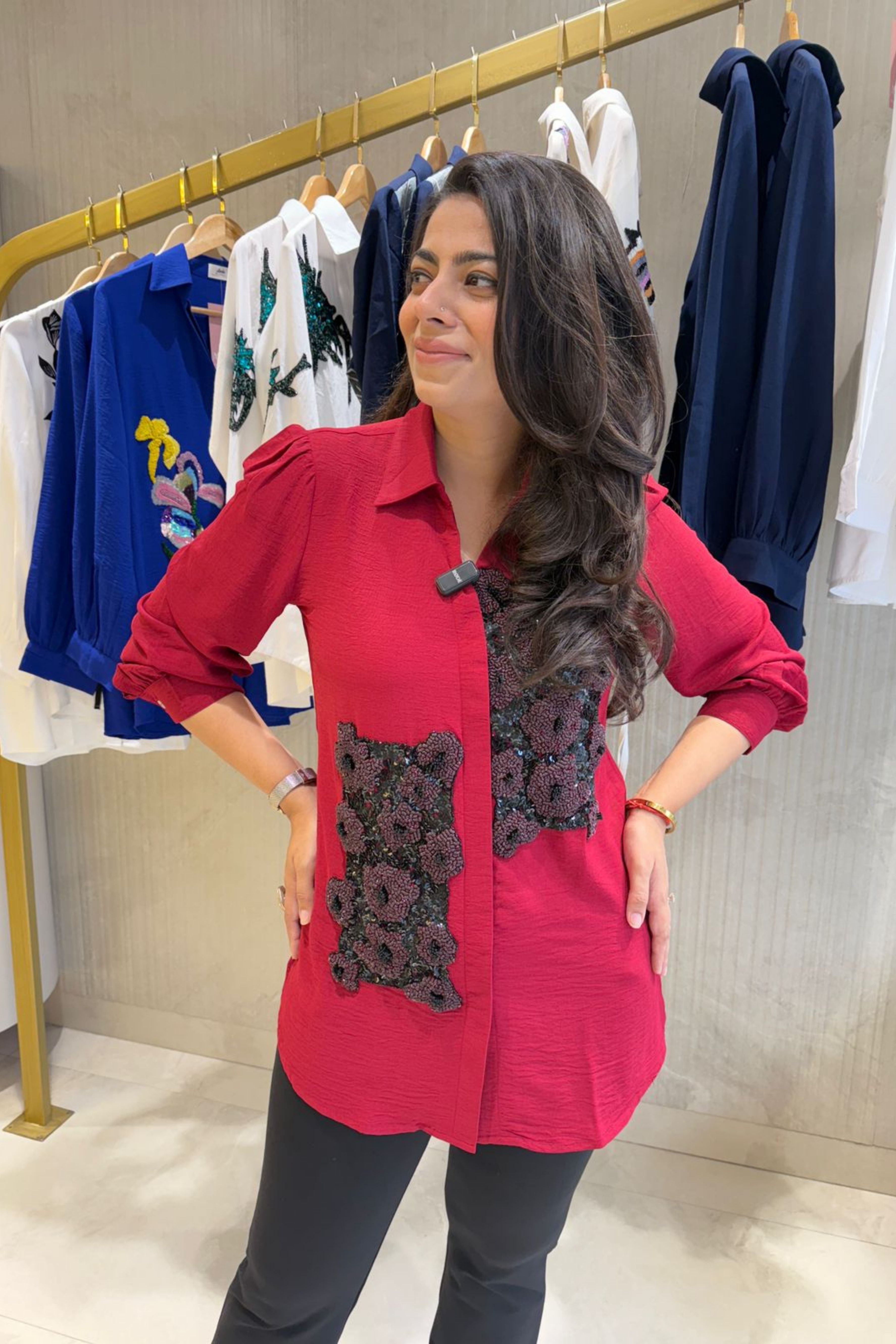 Red Embellished Floral Shirt