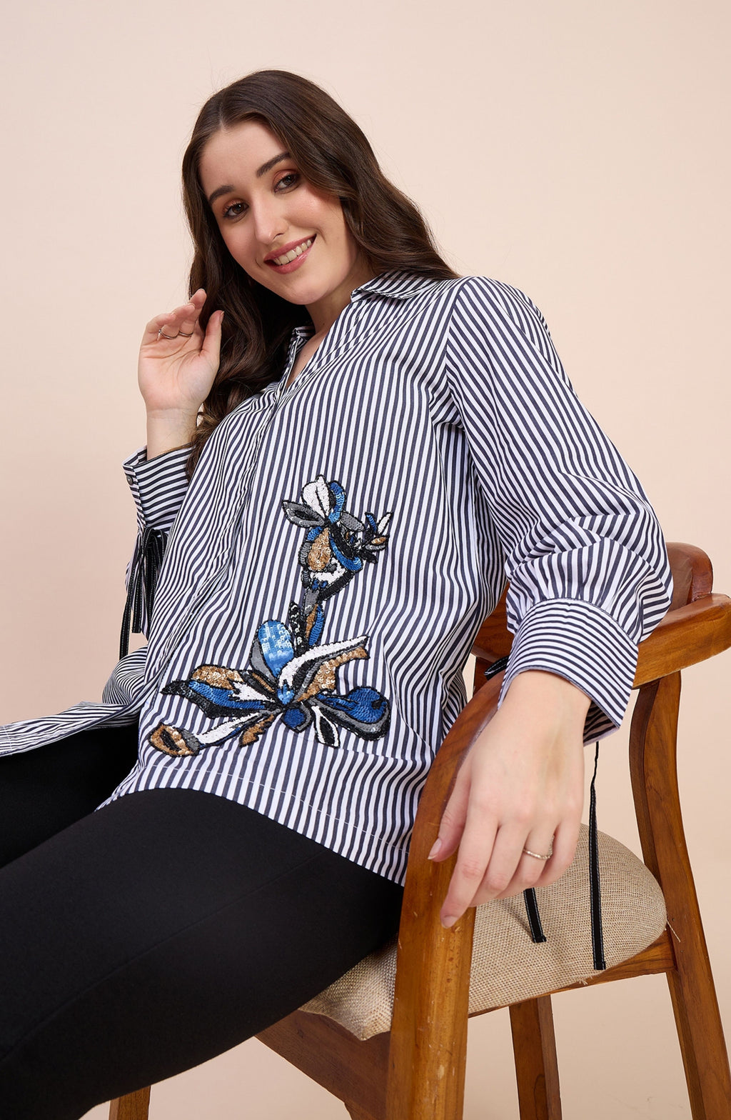 Black & White Striped Shirt with Sequin Floral Motif
