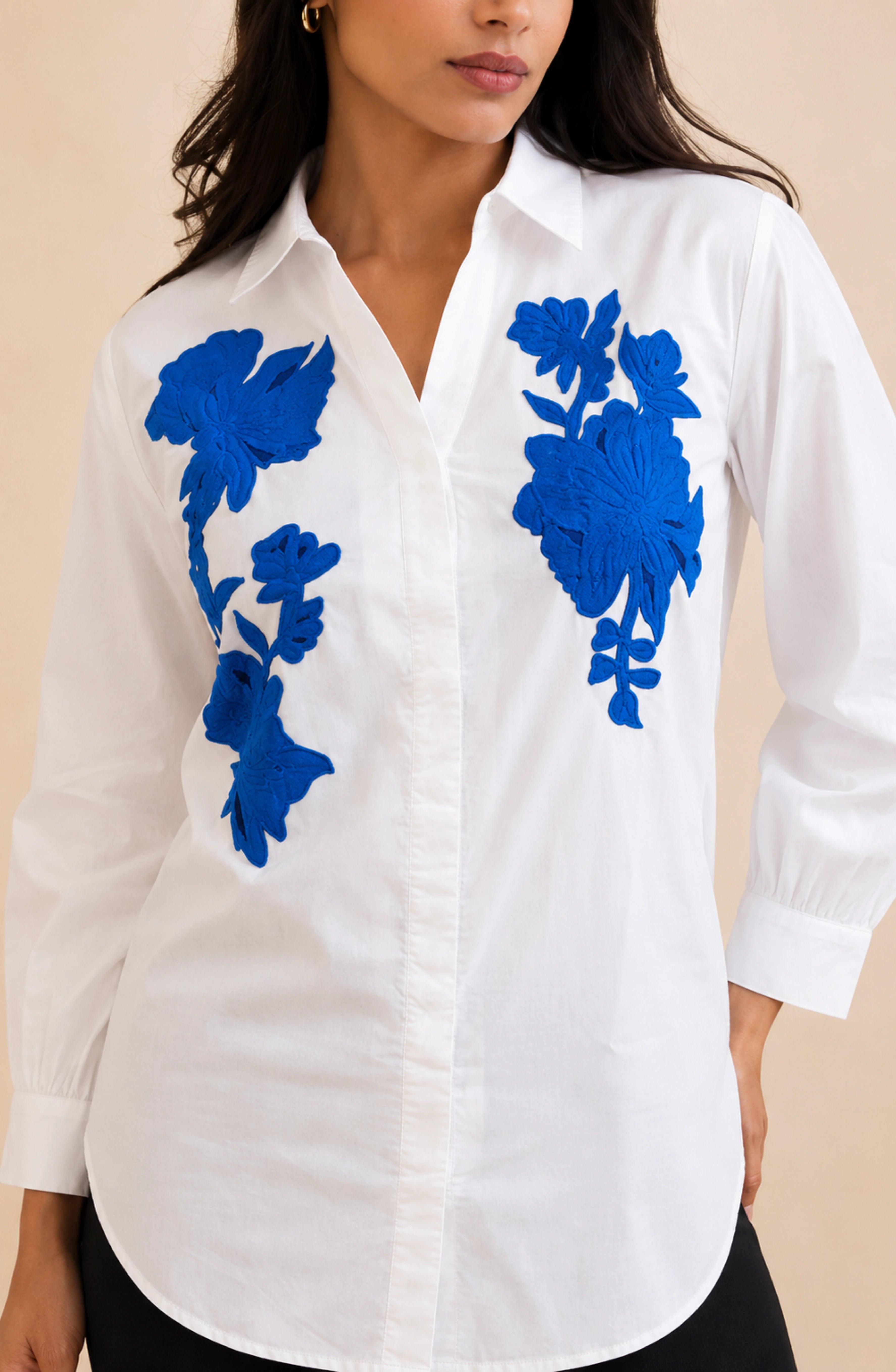 White Cotton Blue Floral Patchwork Shirt