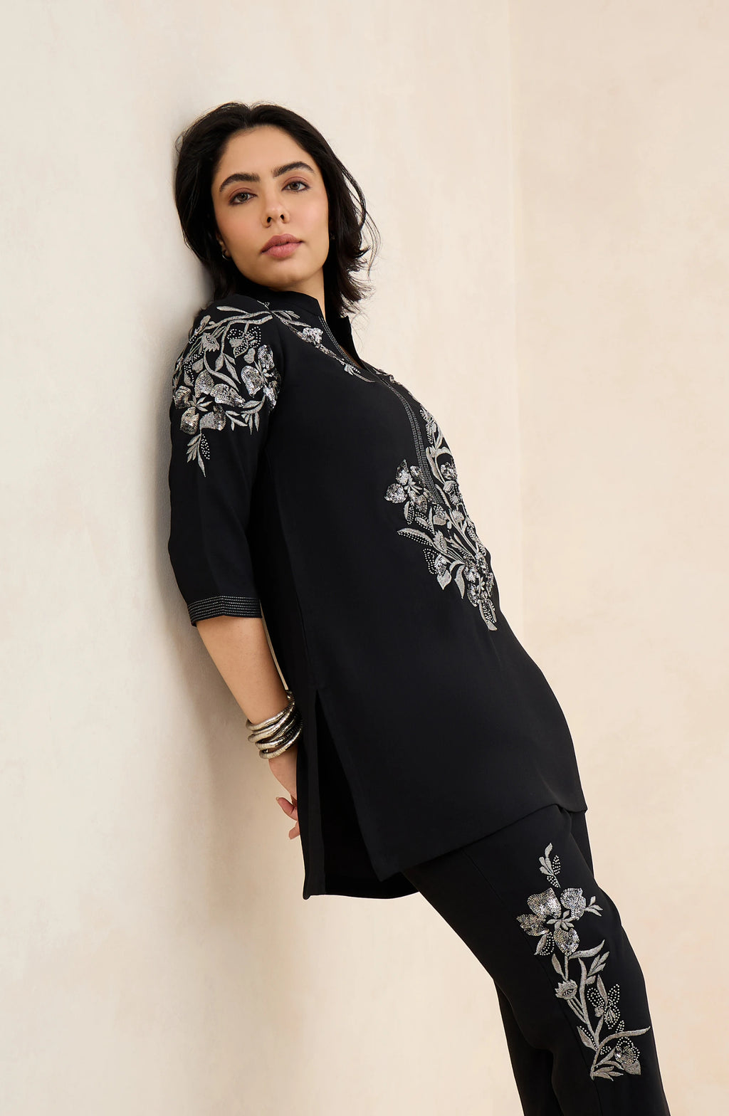 Black and Silver Floral Embellished Co-Ord Set