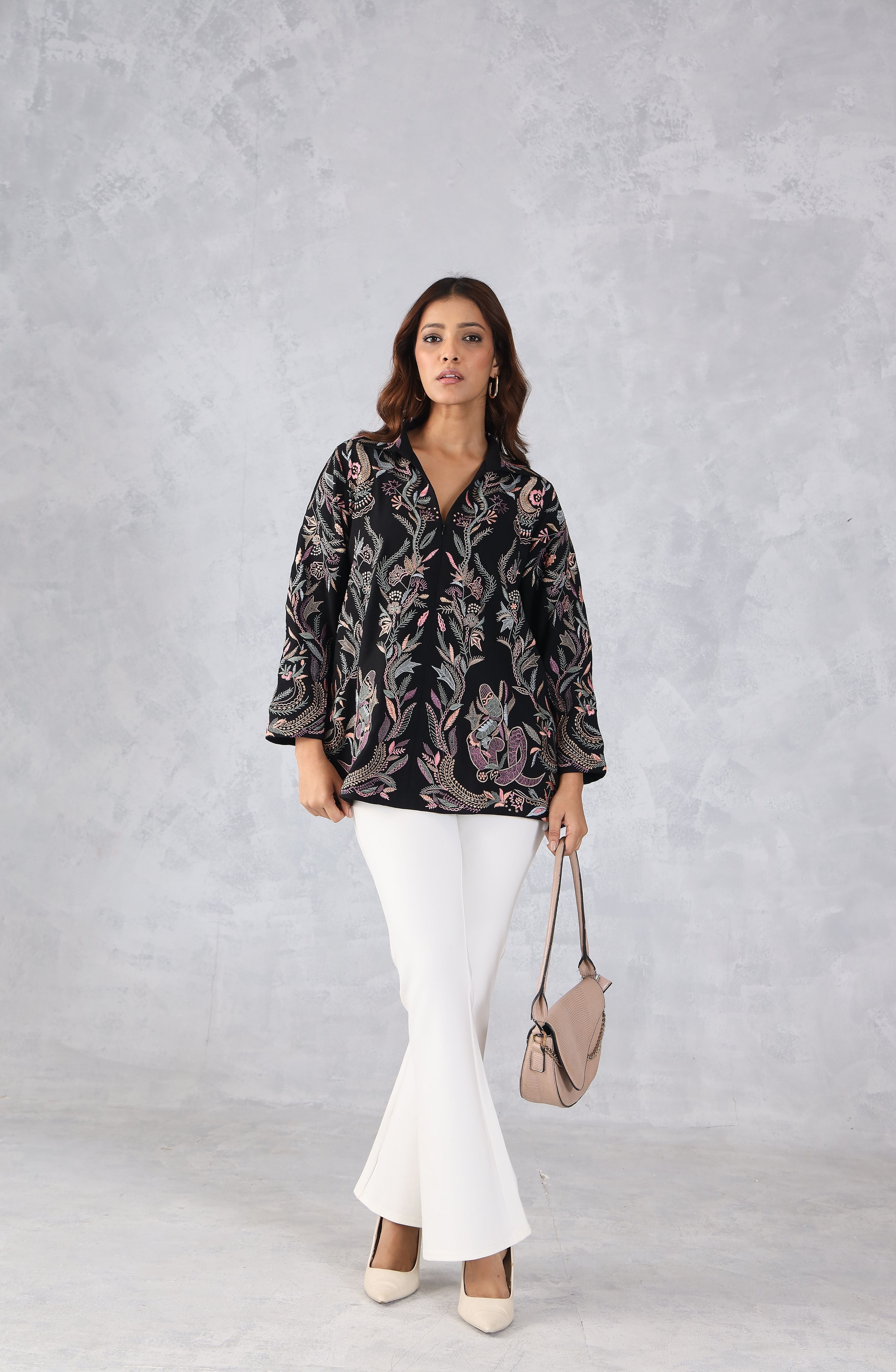 Black Multicolour Floral Embroidered Shirt