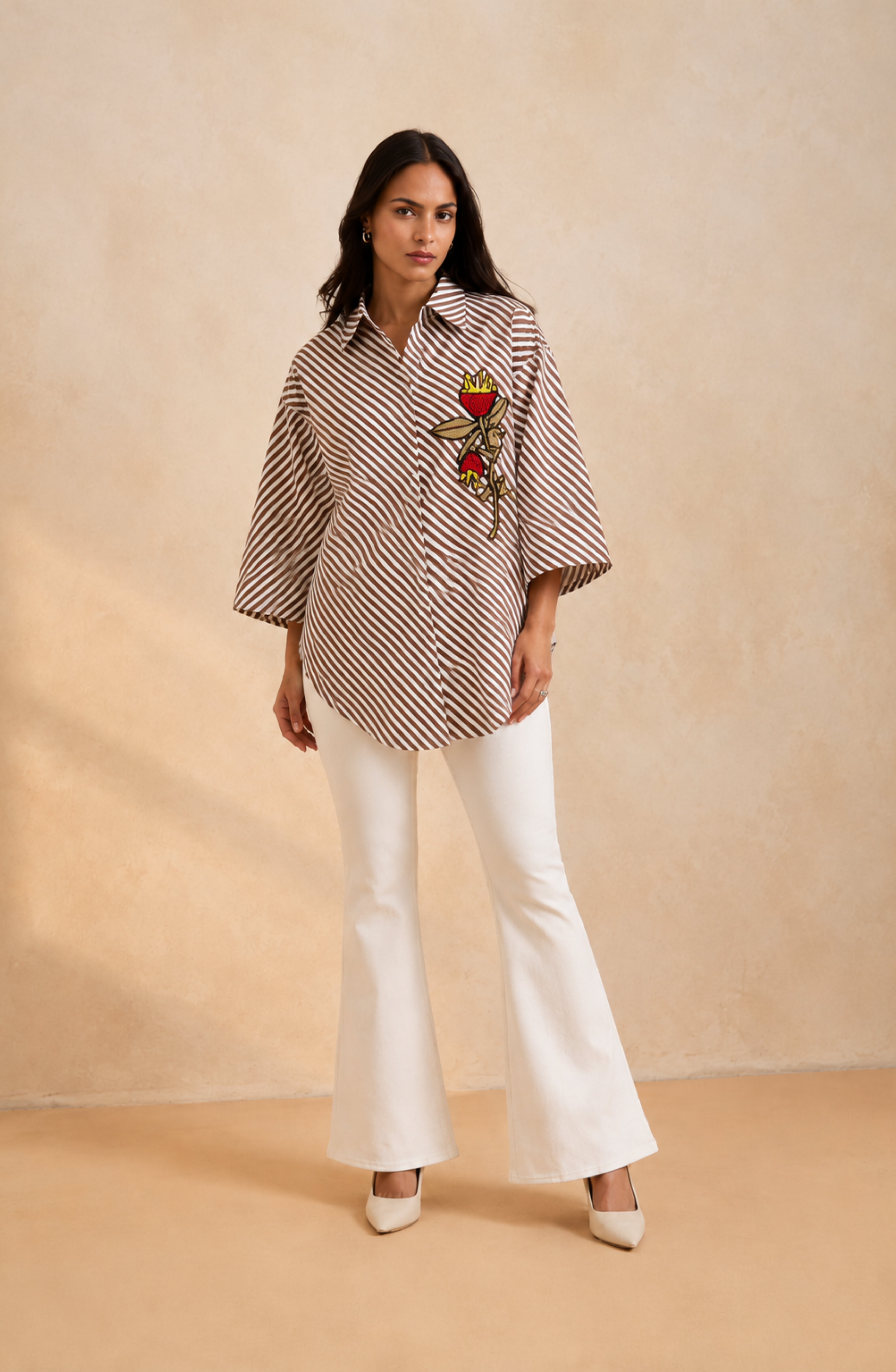 Brown Diagonal Stripe Embellished Shirt