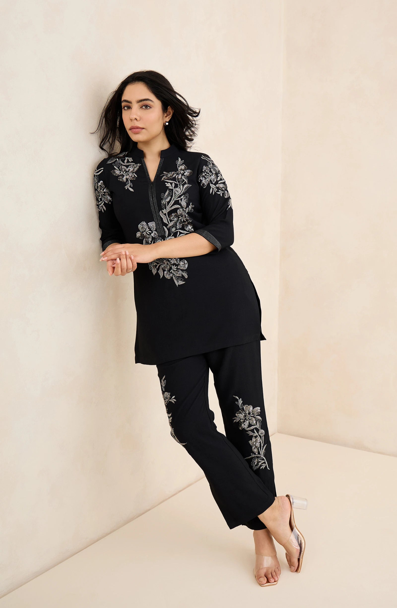 Black and Silver Floral Embellished Co-Ord Set