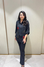 Embellished black cards motif shirt