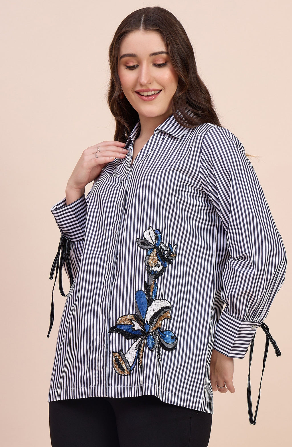 Black & White Striped Shirt with Sequin Floral Motif