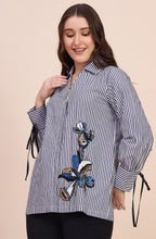 Black & White Striped Shirt with Sequin Floral Motif