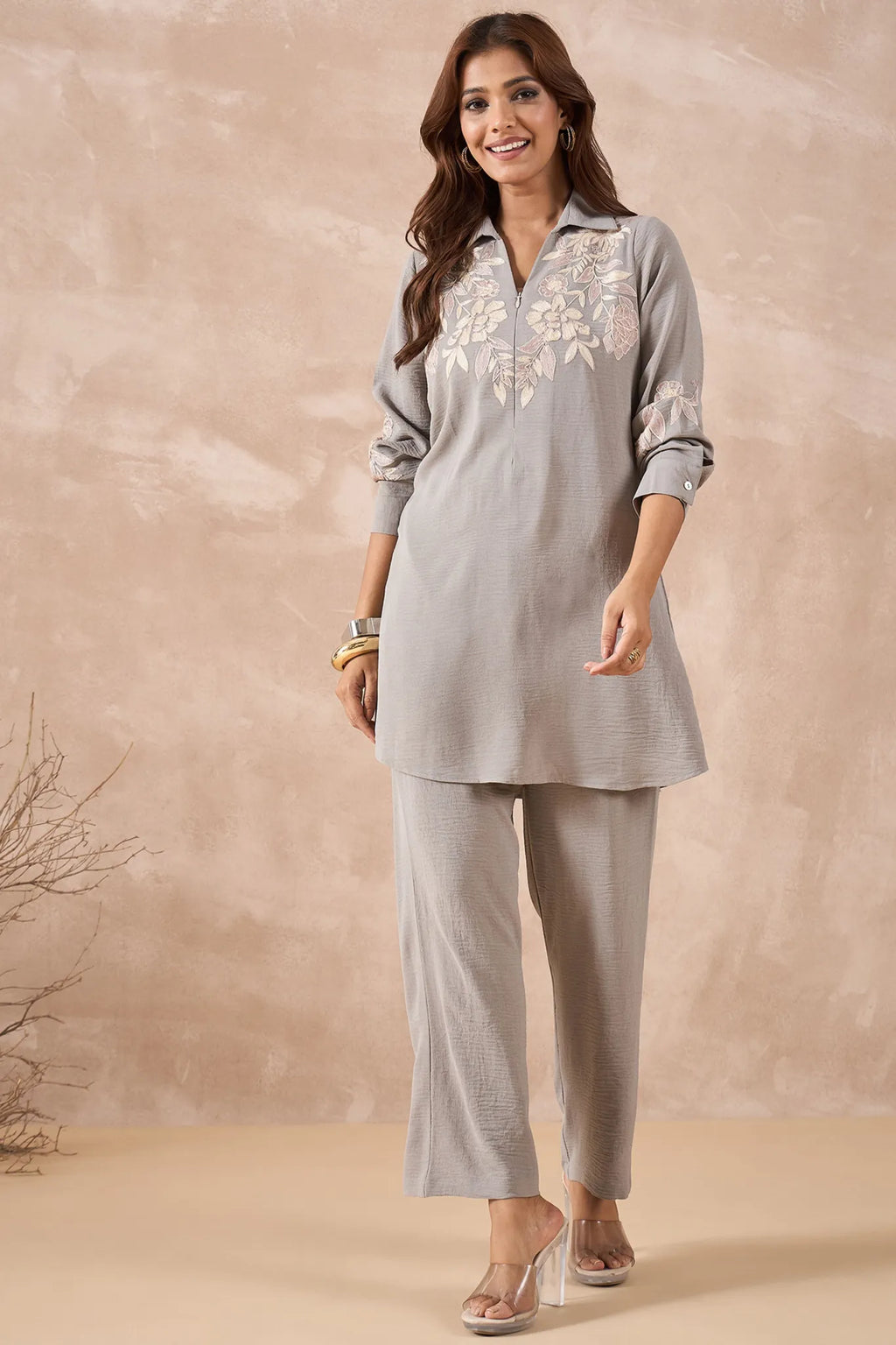 Grey Floral Embroidered Co-Ord Set