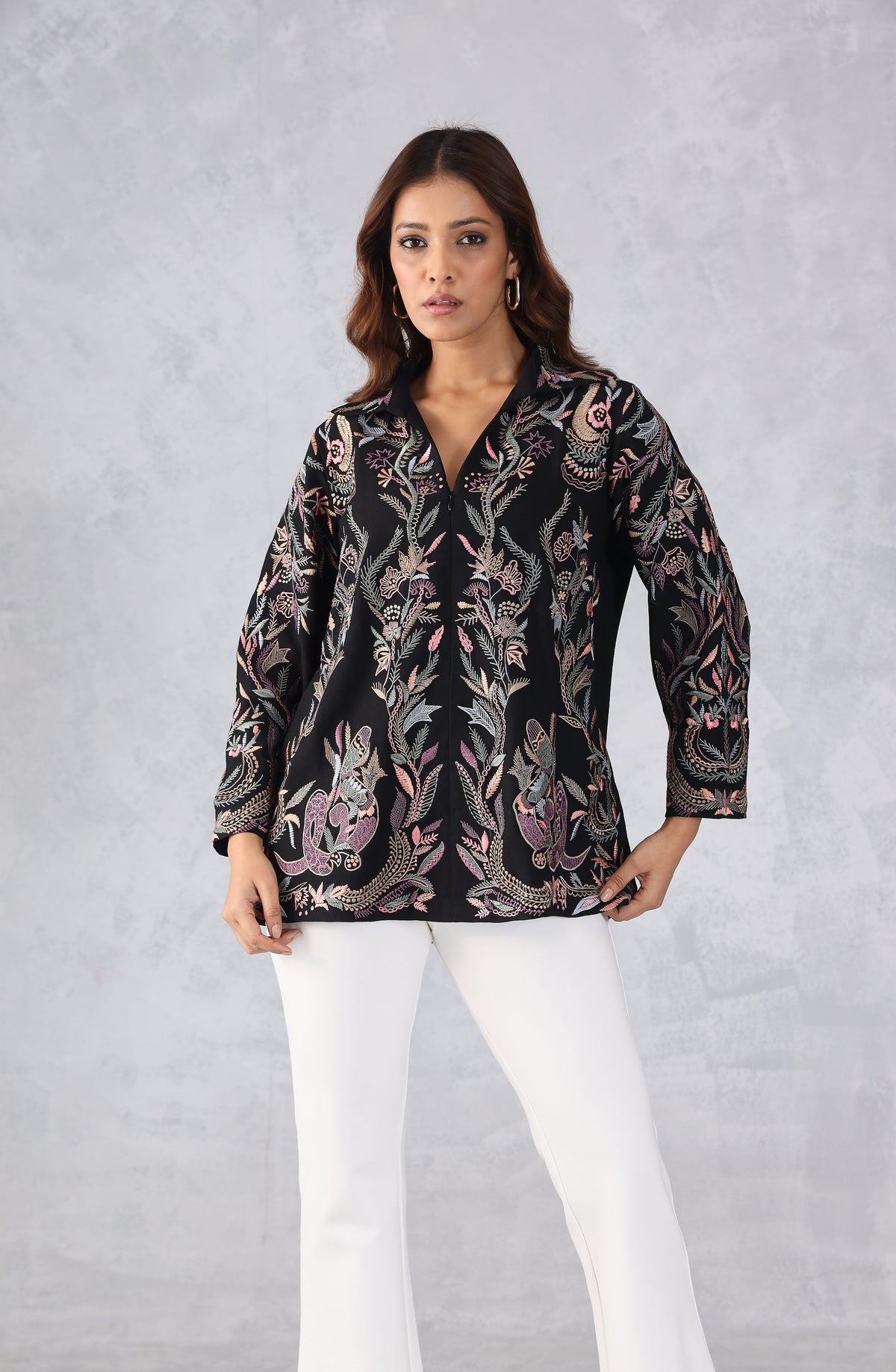Black Multicolour Floral Embroidered Shirt