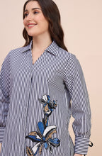 Black & White Striped Shirt with Sequin Floral Motif