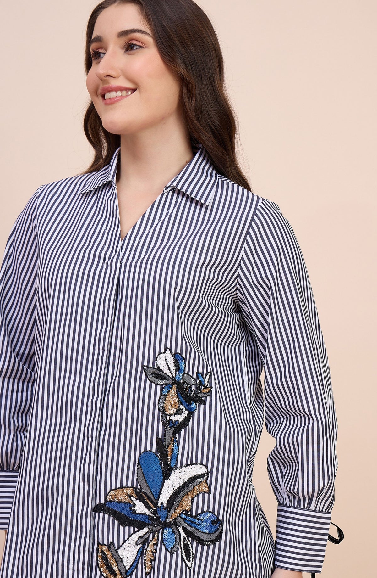 Black & White Striped Shirt with Sequin Floral Motif