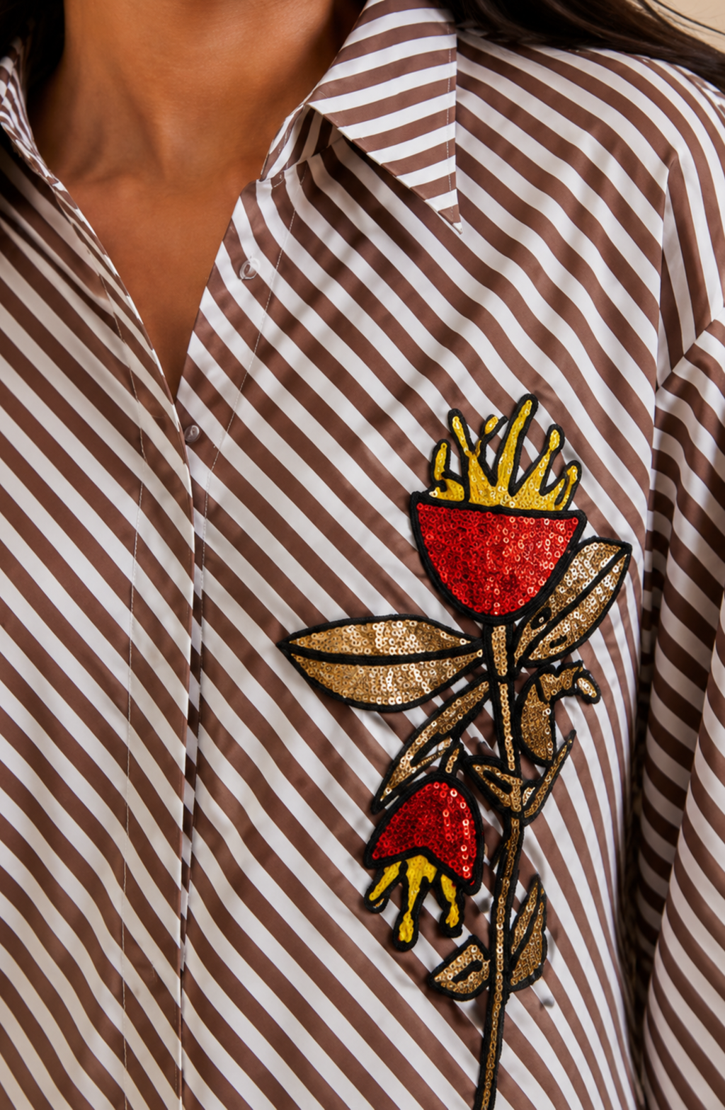Brown Diagonal Stripe Embellished Shirt