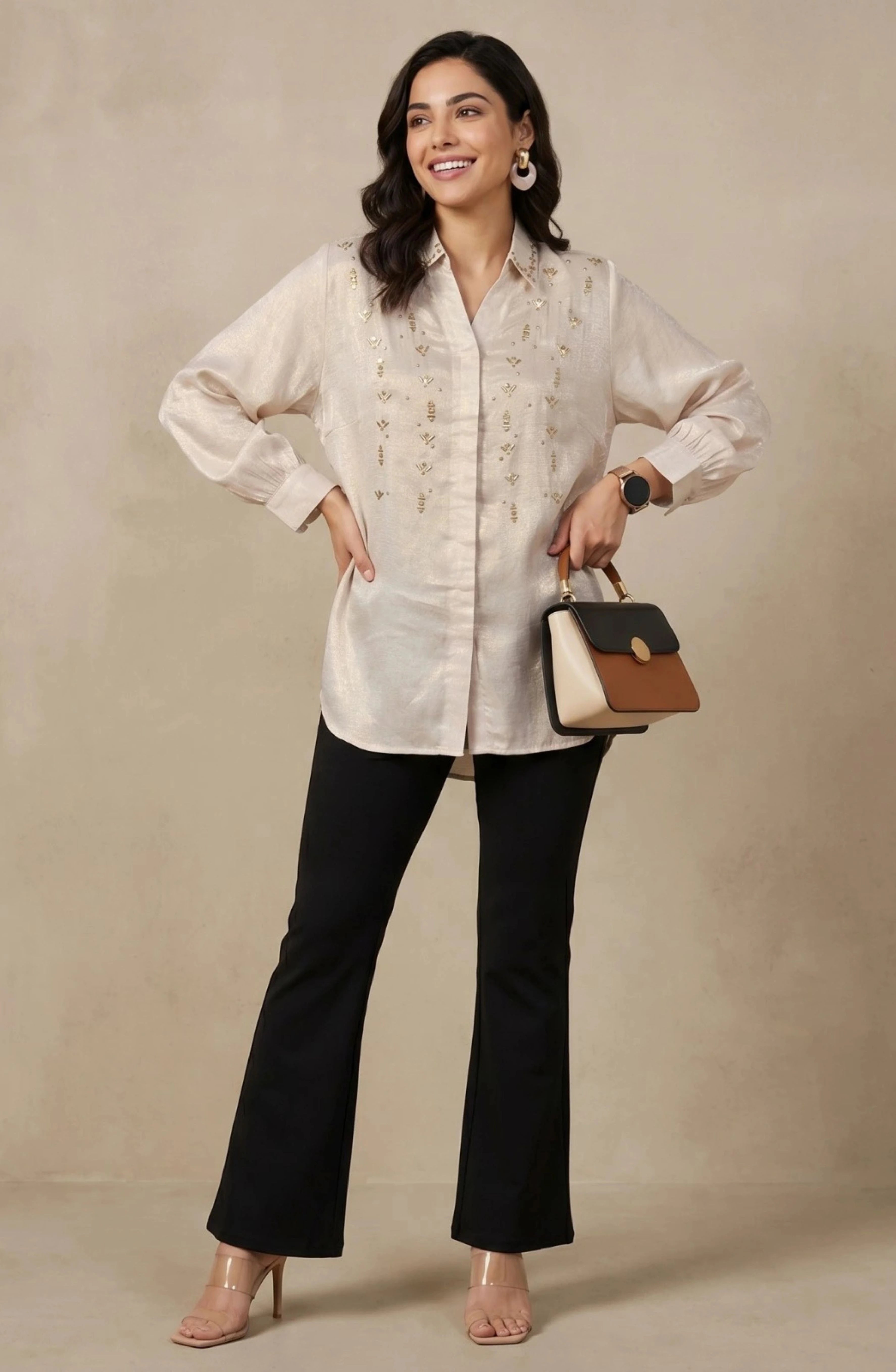 Beige Sequin Embellished Shirt