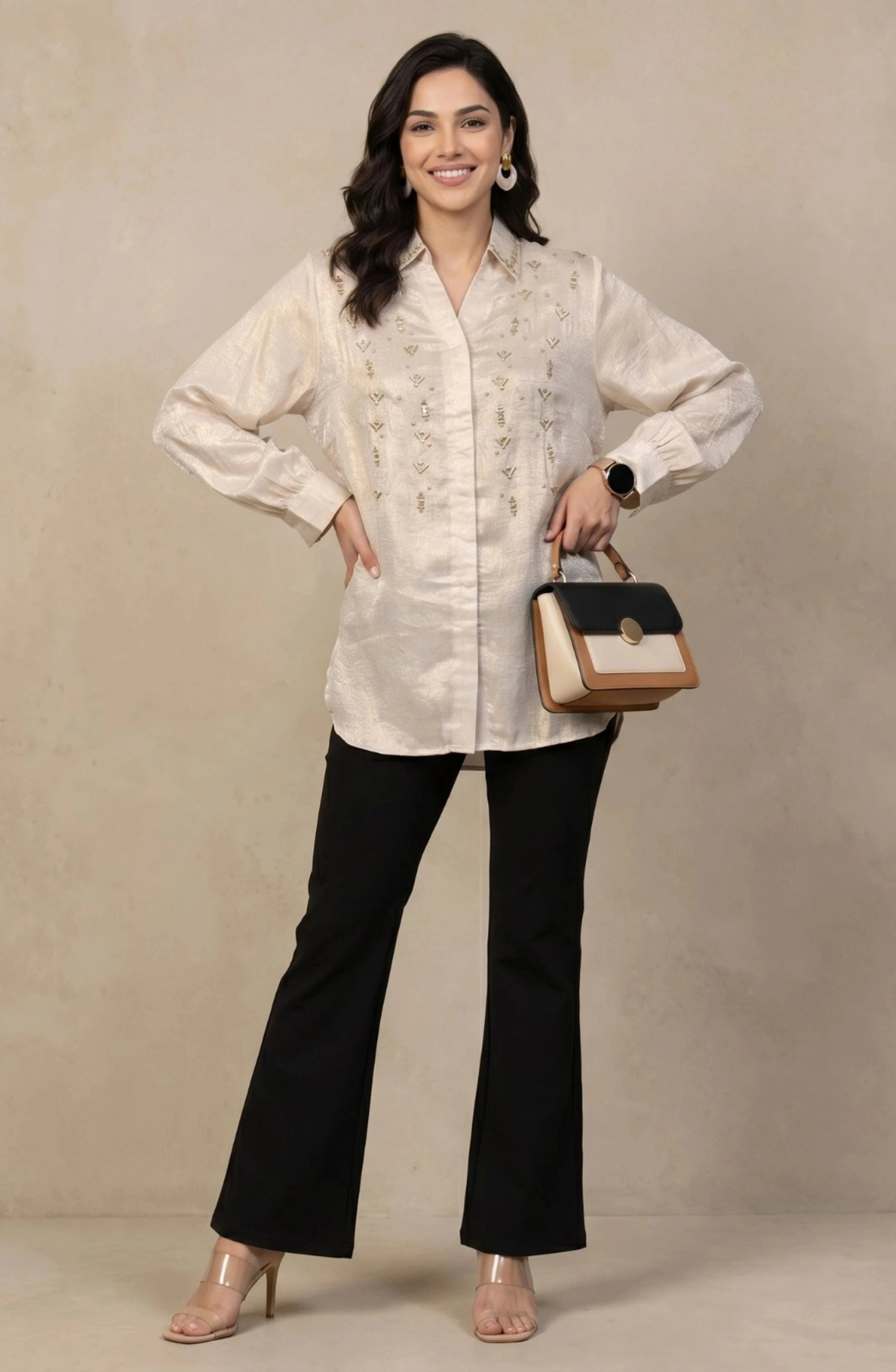 Beige Sequin Embellished Shirt