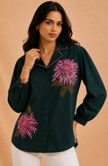 Teal Green Floral Embroidered Shirt