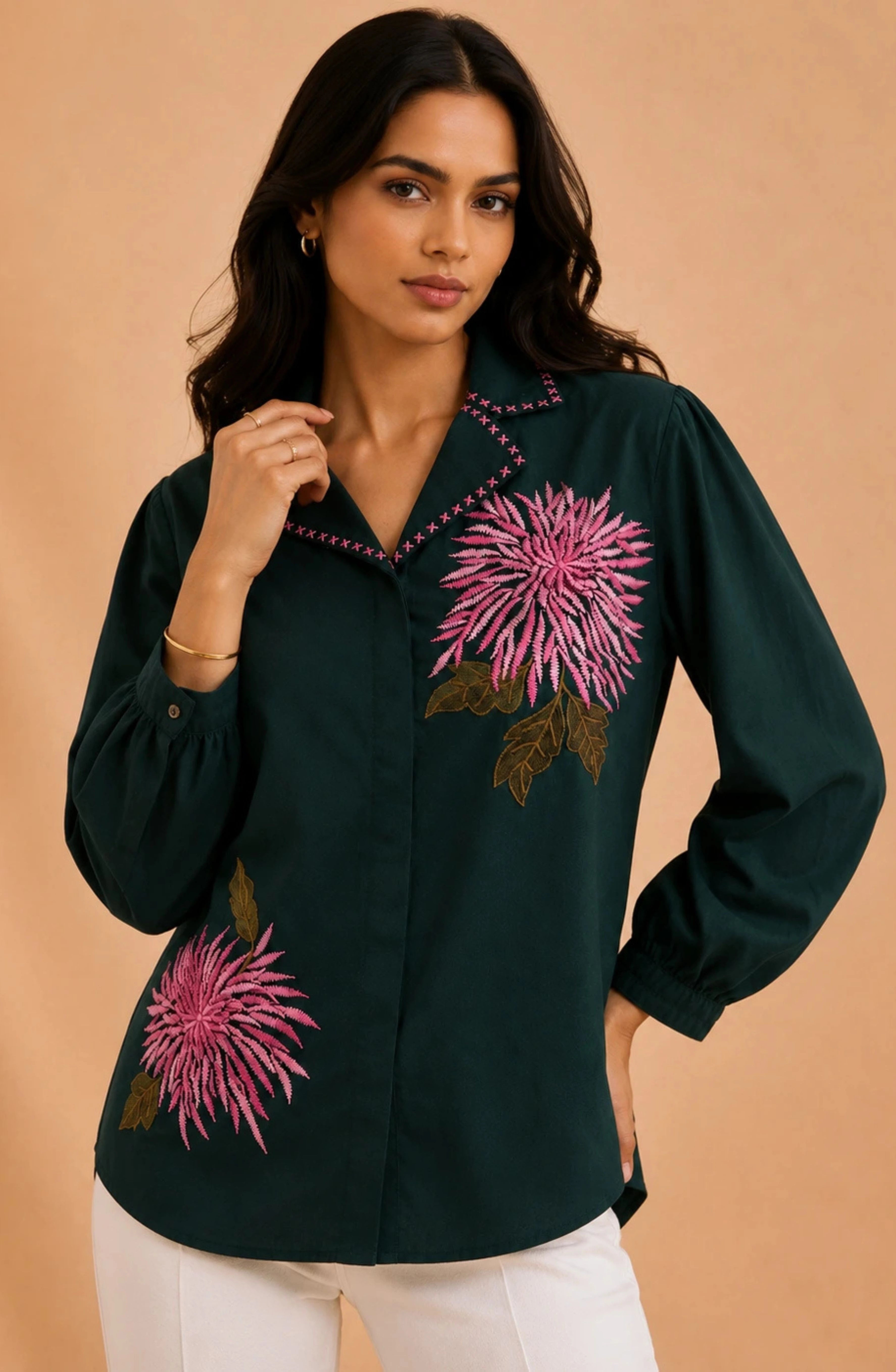 Teal Green Floral Embroidered Shirt
