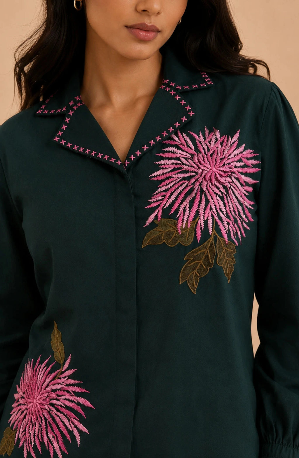 Teal Green Floral Embroidered Shirt