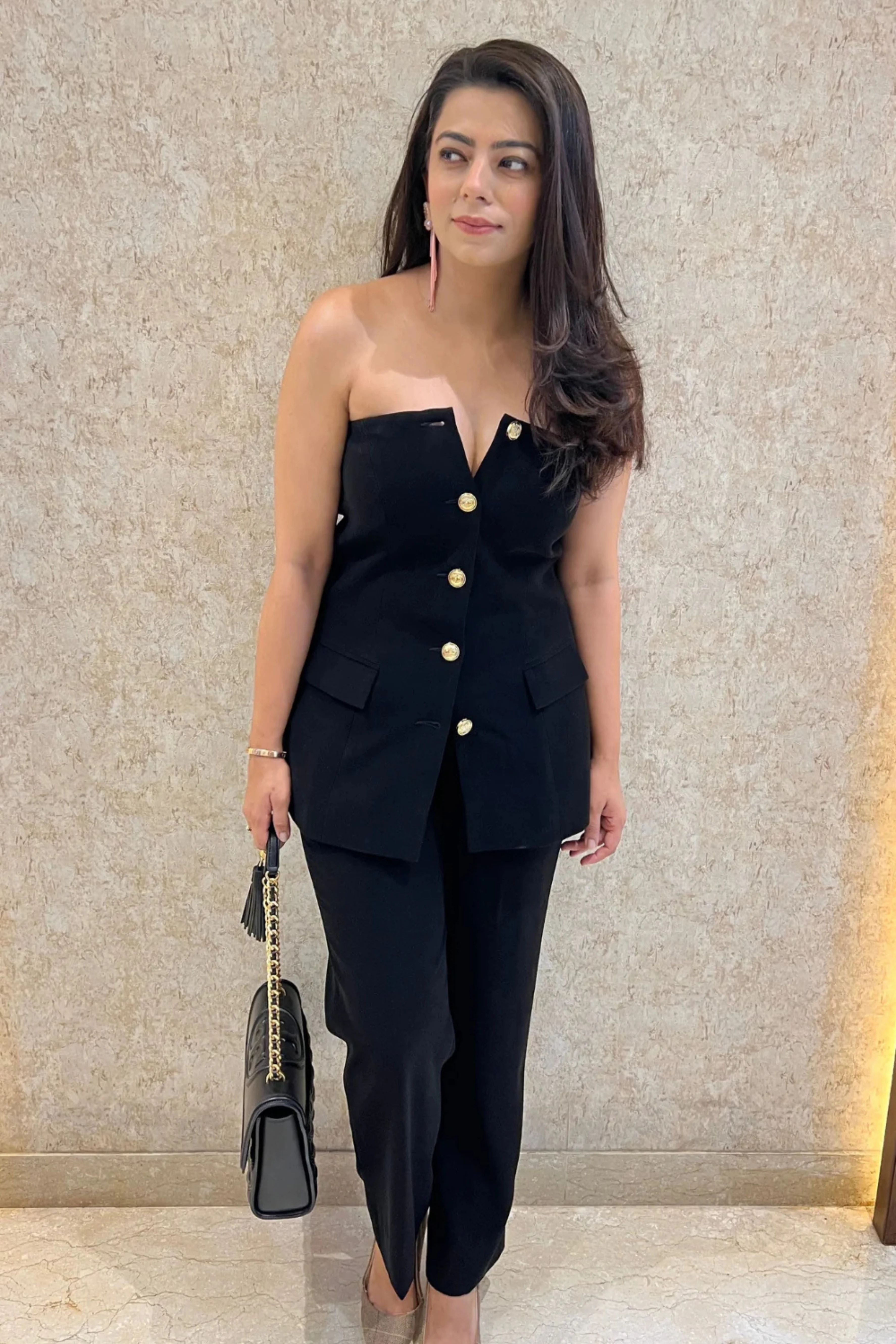Minimalist Black Off-Shoulder Waistcoat Set