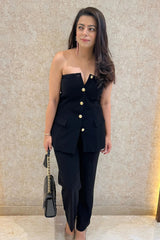 Minimalist Black Off-Shoulder Waistcoat Set
