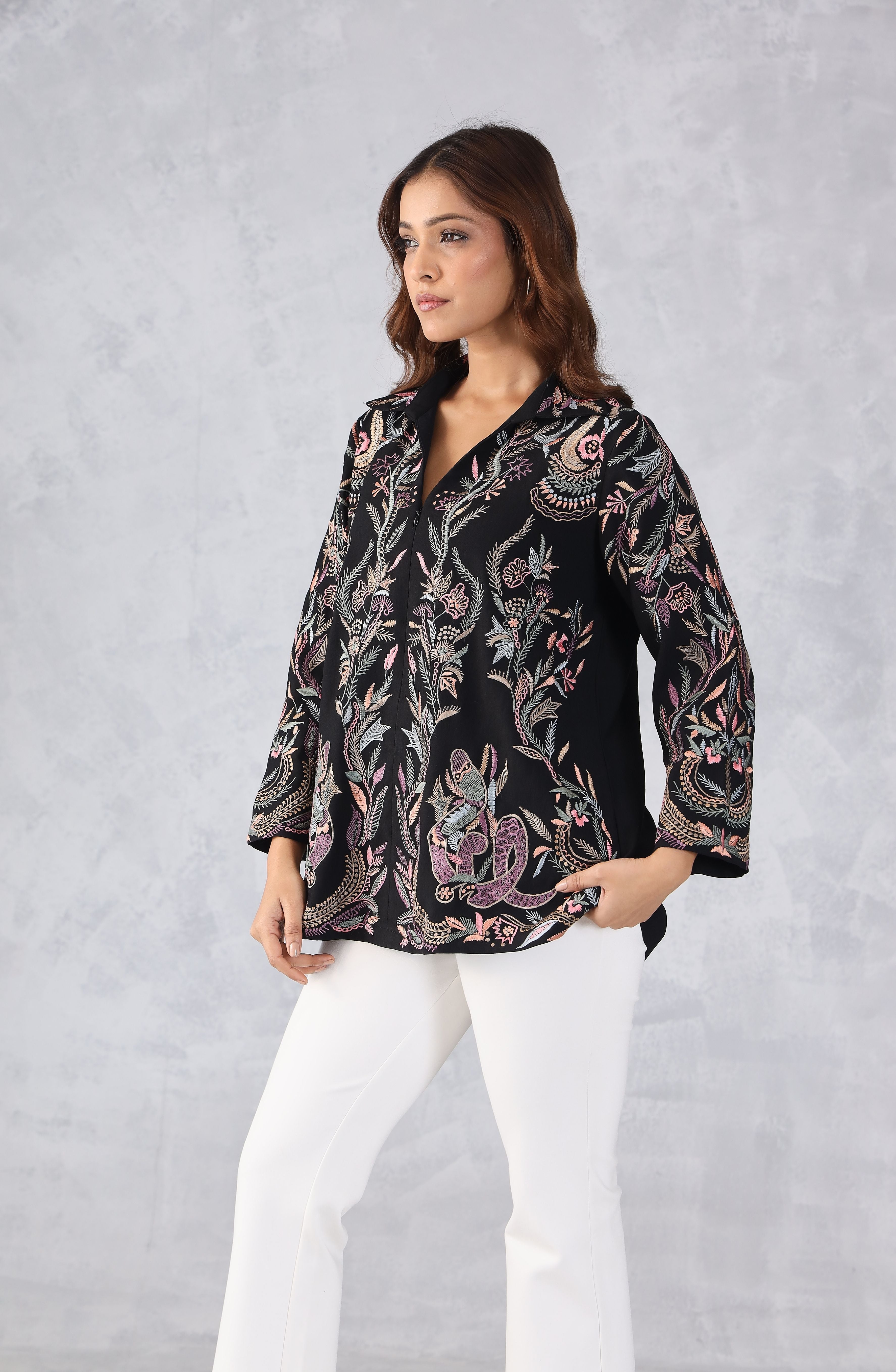 Black Multicolour Floral Embroidered Shirt