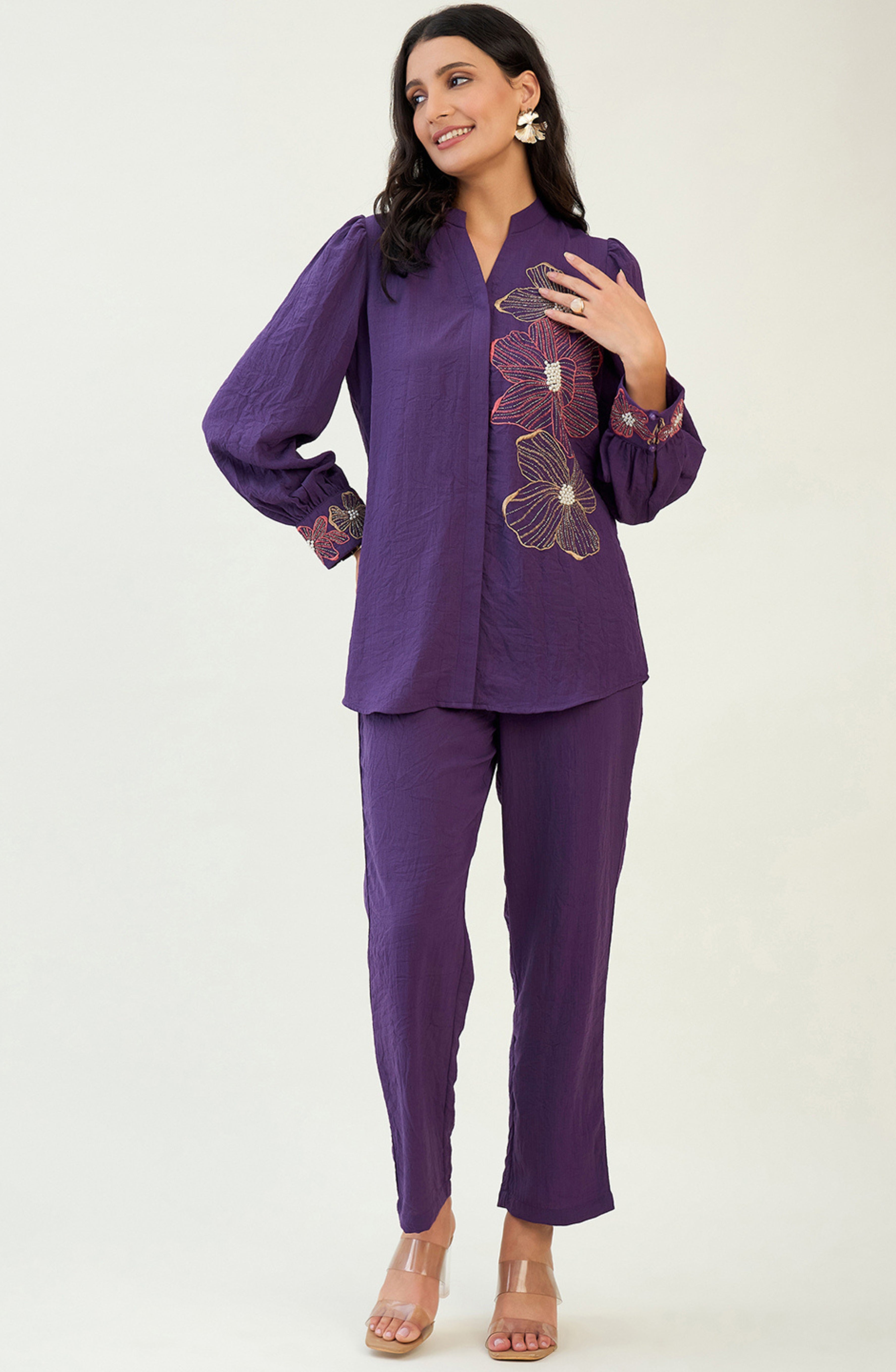 Purple Floral Embroidery Co-ord Set
