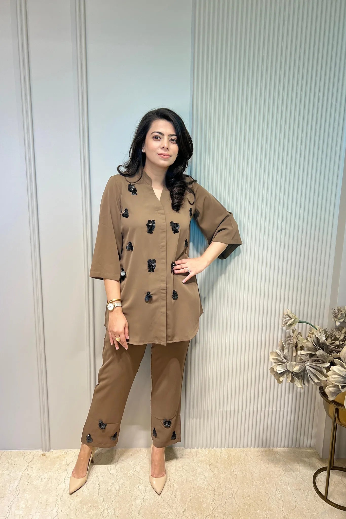 Beige 3d Motif Co-ord Set