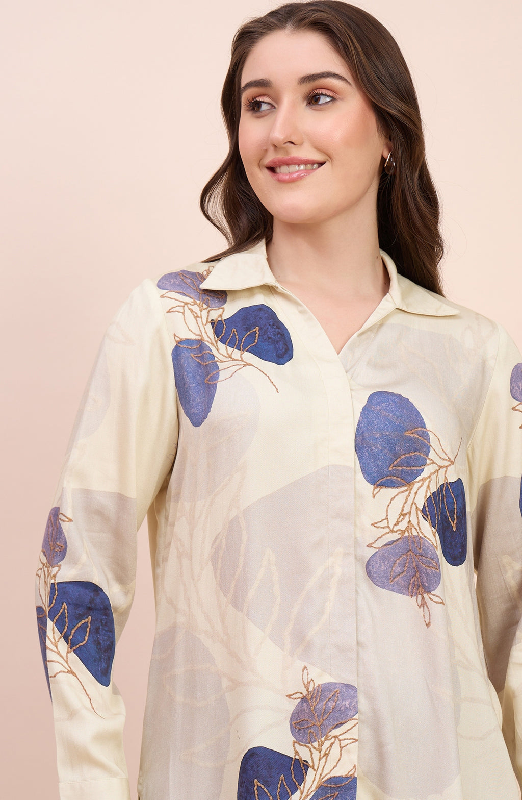 Ivory Satin Shirt with Blue Leaf Print
