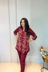 Maroon Floral Embroidered Co-Ord