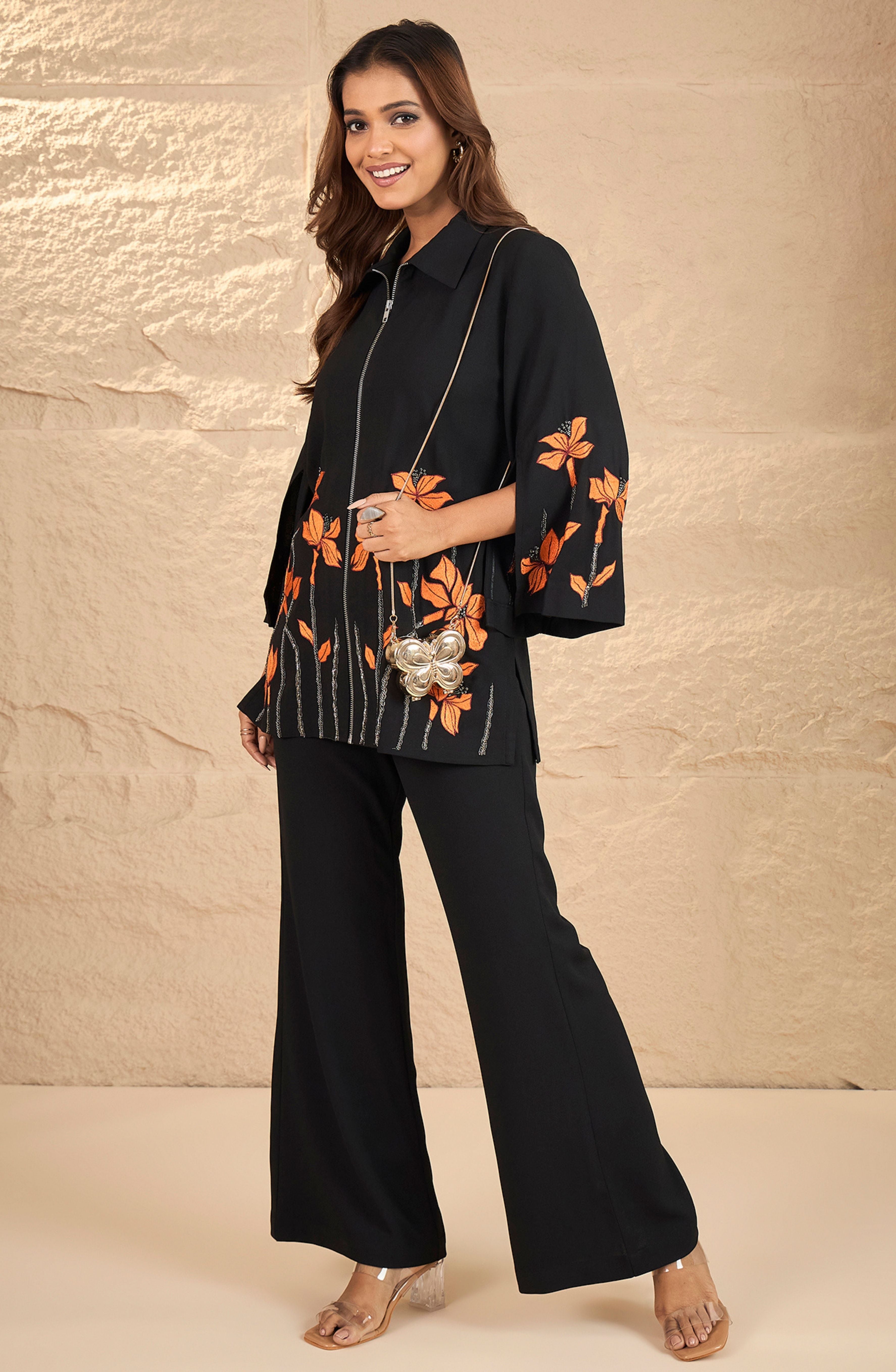 Black Floral Zipper Co-Ord Set