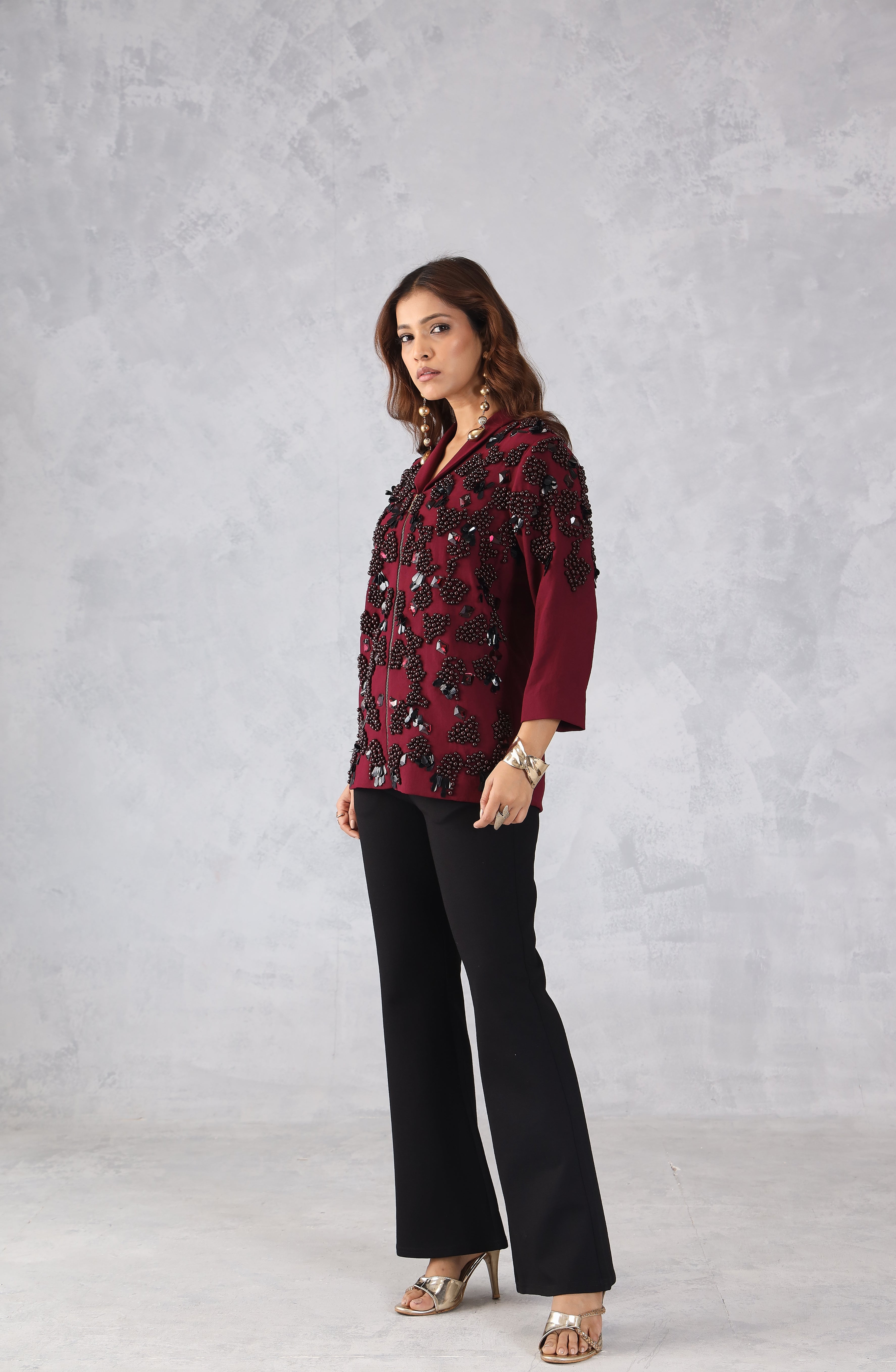 Red Embellished Zip Style Jacket