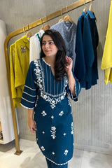 Teal Georgette Rayon Embroidered Co-ord Set