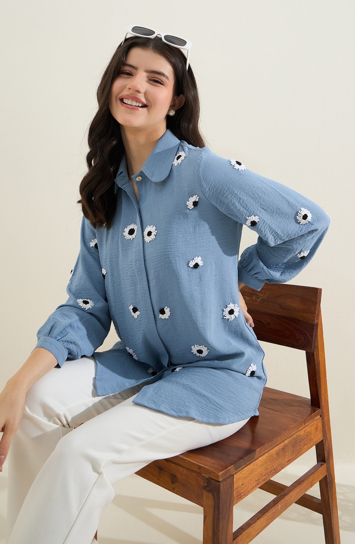 Denim Blue Shirt with Scattered Daisy Embroidery