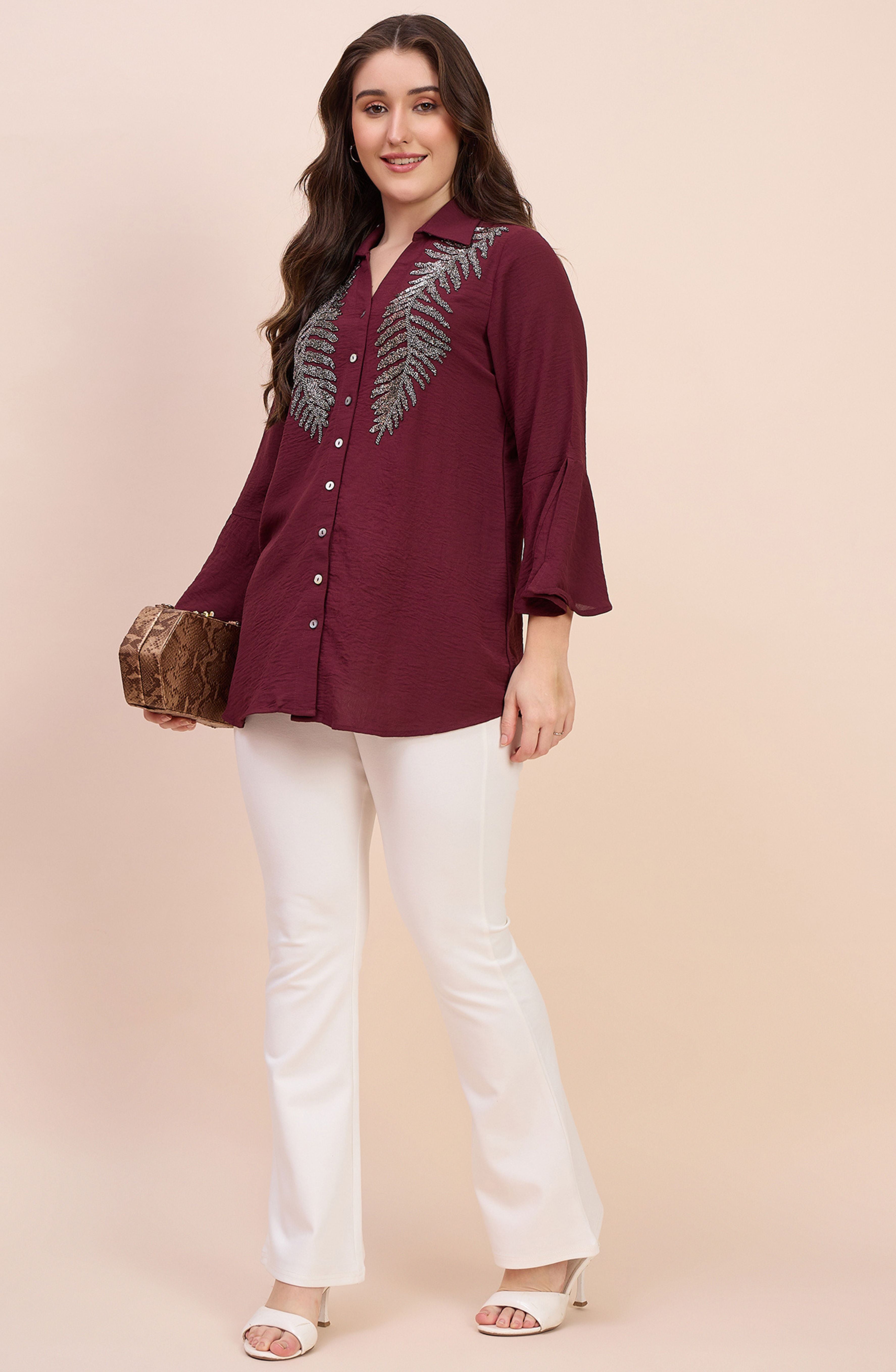 Maroon Shirt with Metallic Beaded Fern Embroidery