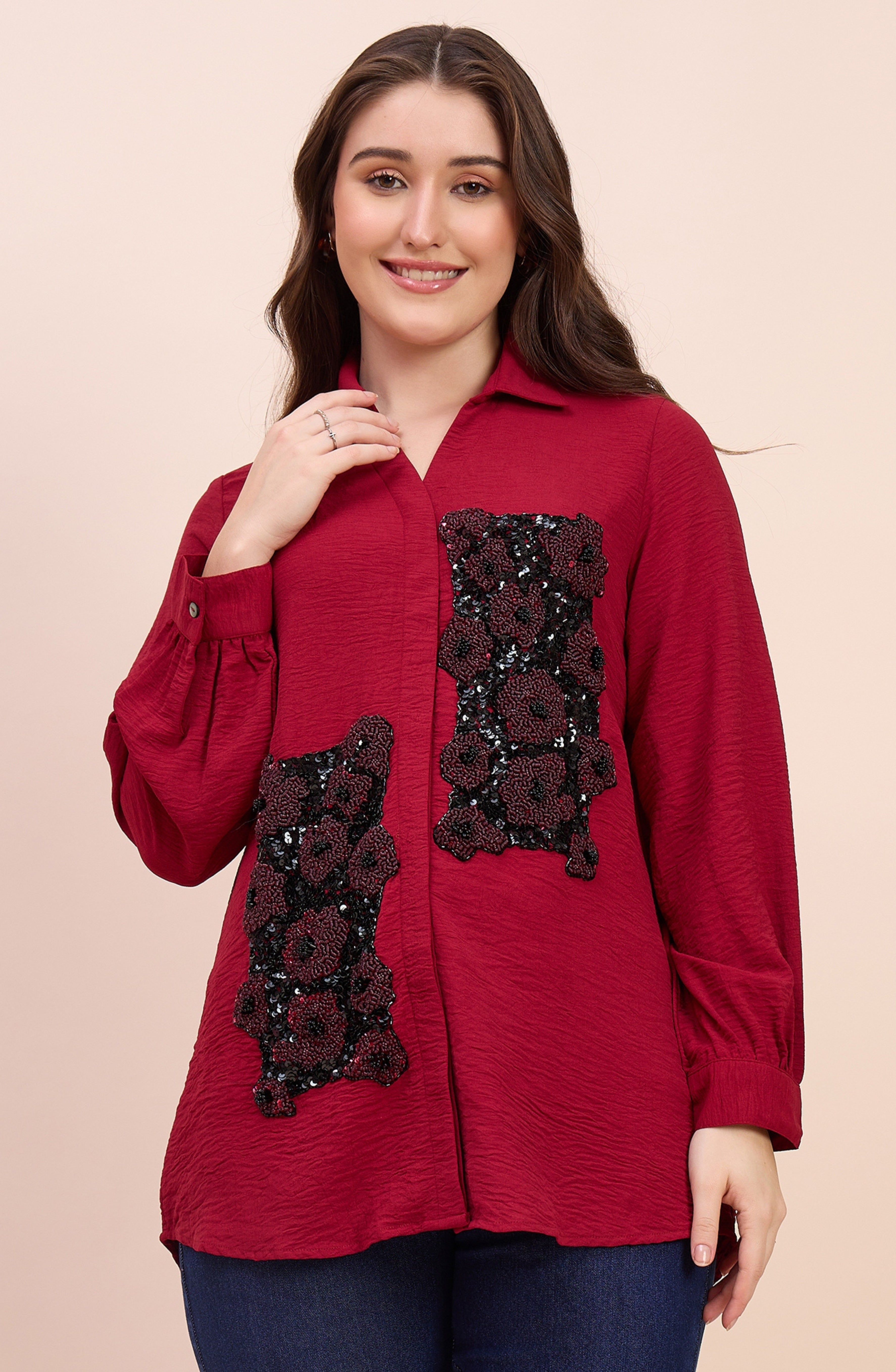 Red Shirt with Sequin Floral Patchwork