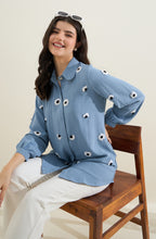 Denim Blue Shirt with Scattered Daisy Embroidery