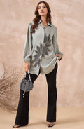 Sage Grey Shirt with Metallic Beaded Sunflower Motif