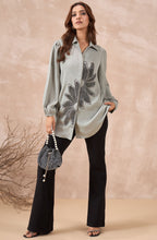 Sage Grey Shirt with Metallic Beaded Sunflower Motif