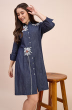 Denim Shirt Dress with Floral Beaded Embroidery