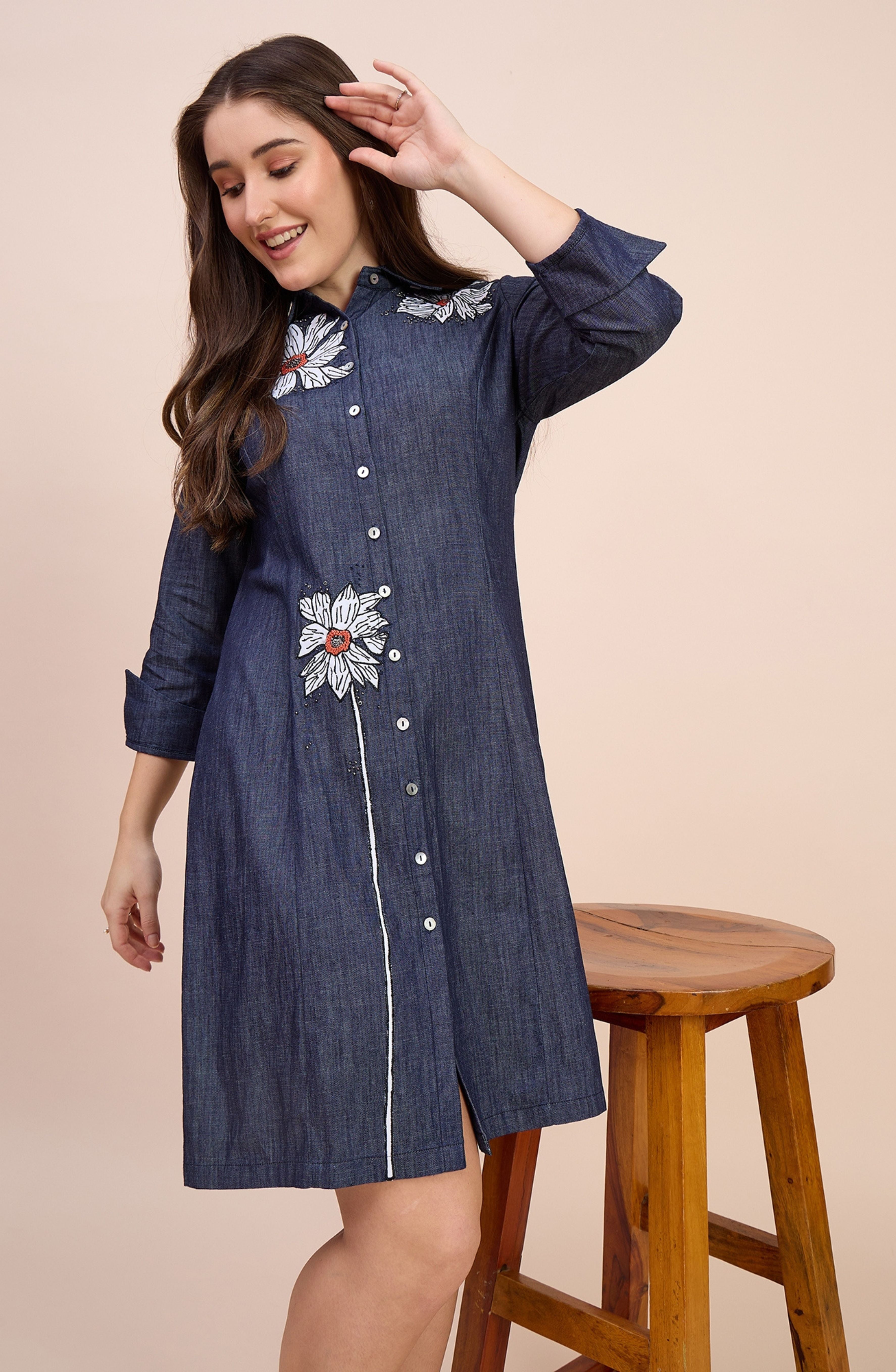 Denim Shirt Dress with Floral Beaded Embroidery