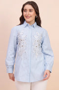 Sky Blue Striped Shirt with Beaded Floral Embroidery